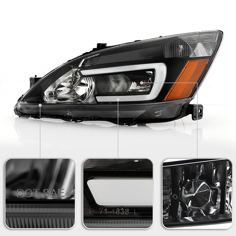 For 2003-2007 Honda Accord Black Housing LED Tube Headlights Assembly Pair Set Y9411