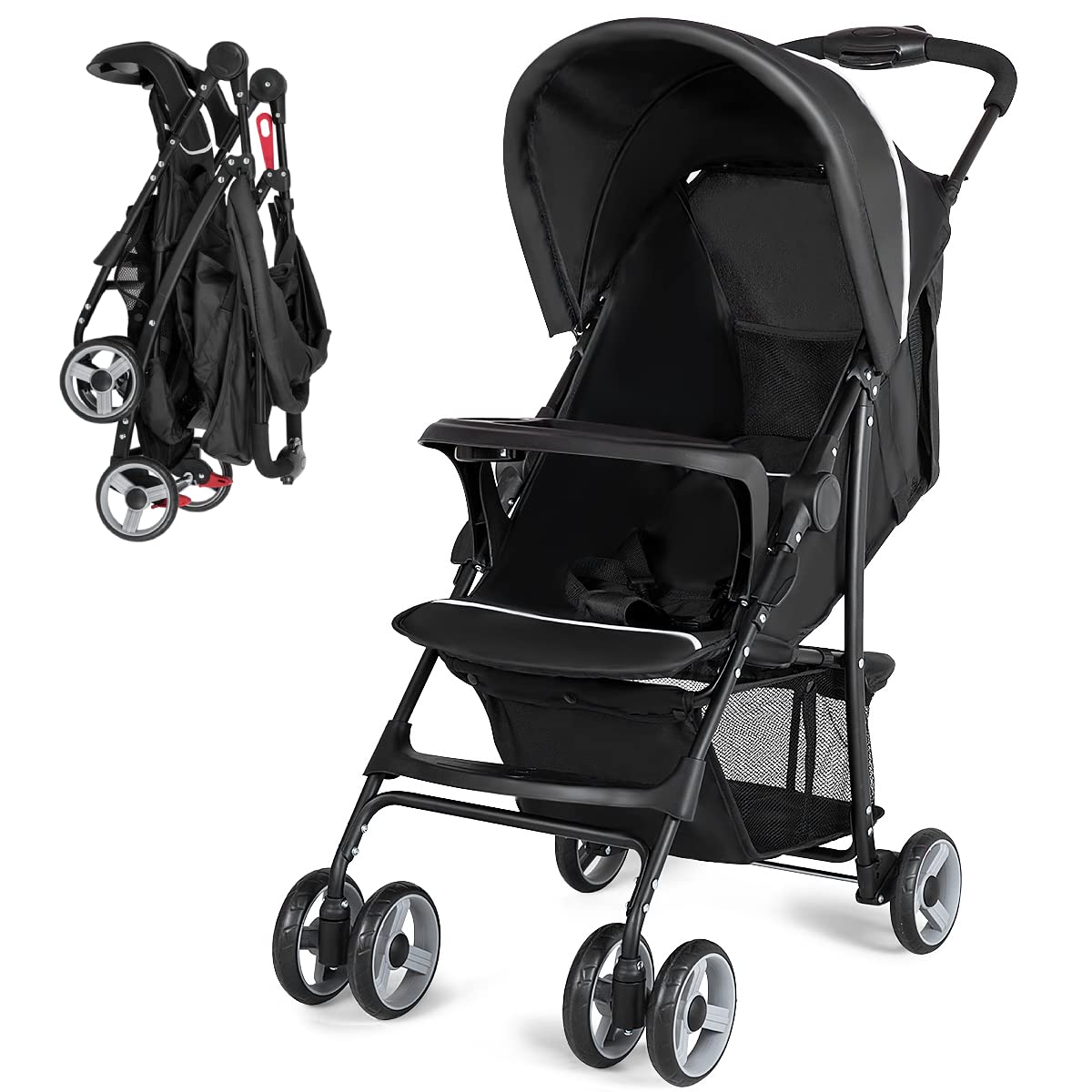 Lightweight Compact Toddler Travel Stroller with Canopy, 5-Point Harness, Storage Basket, One-Hand Fold, Black L953048
