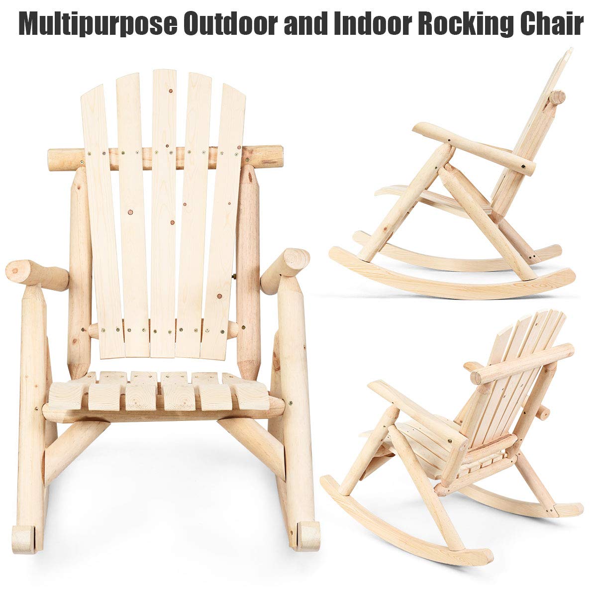 Log Wooden Rocking Chair with Slatted Seat and Backrest K4236