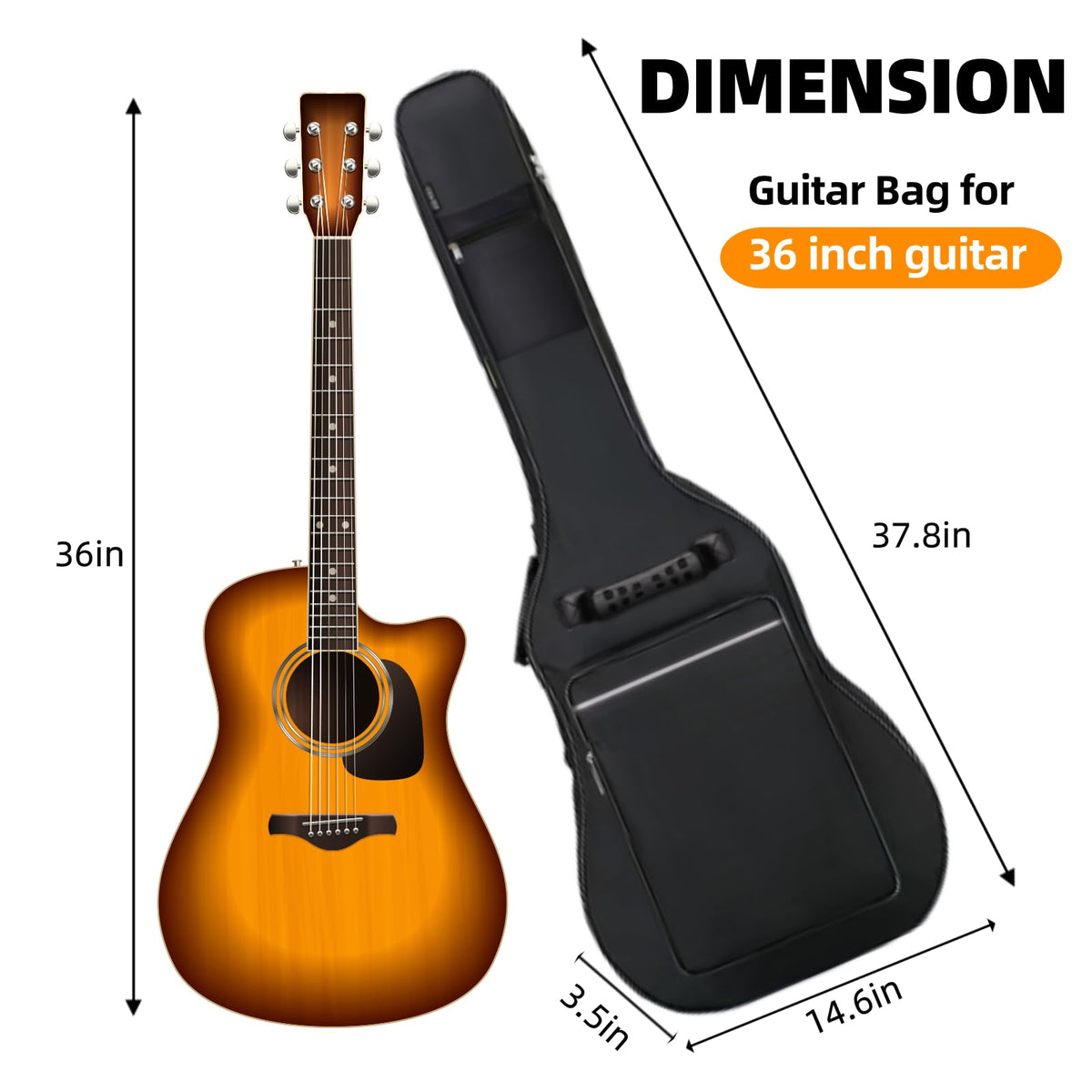 3/4 Size 36 Inch Acoustic Guitar Case Soft Padded Waterproof Gig Bag H7314