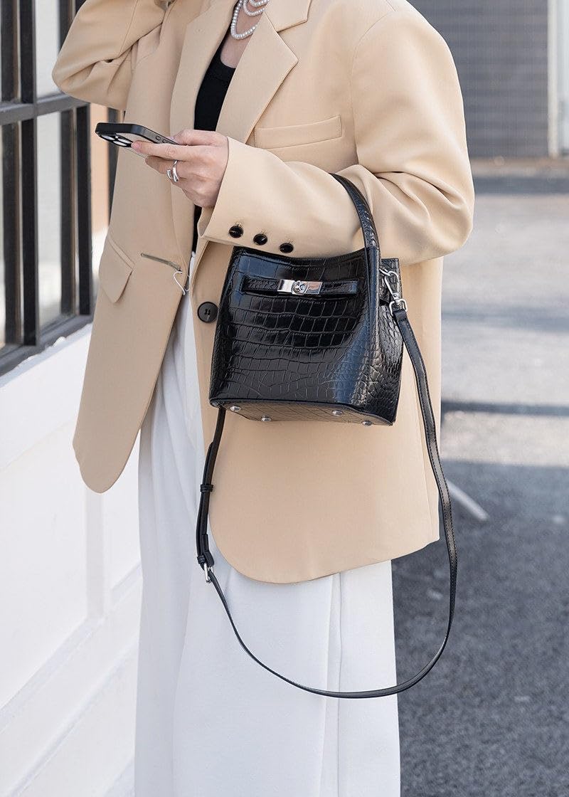 Crocodile Embossed Leather Bucket Bag C859349