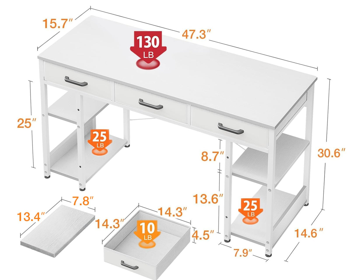 White 48" Computer Desk with Fabric Drawers and Storage Shelves M980158