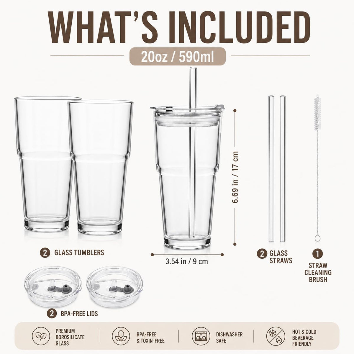 20oz Clear Glass Tumbler with Lid and Straws, Set of 2 A61748