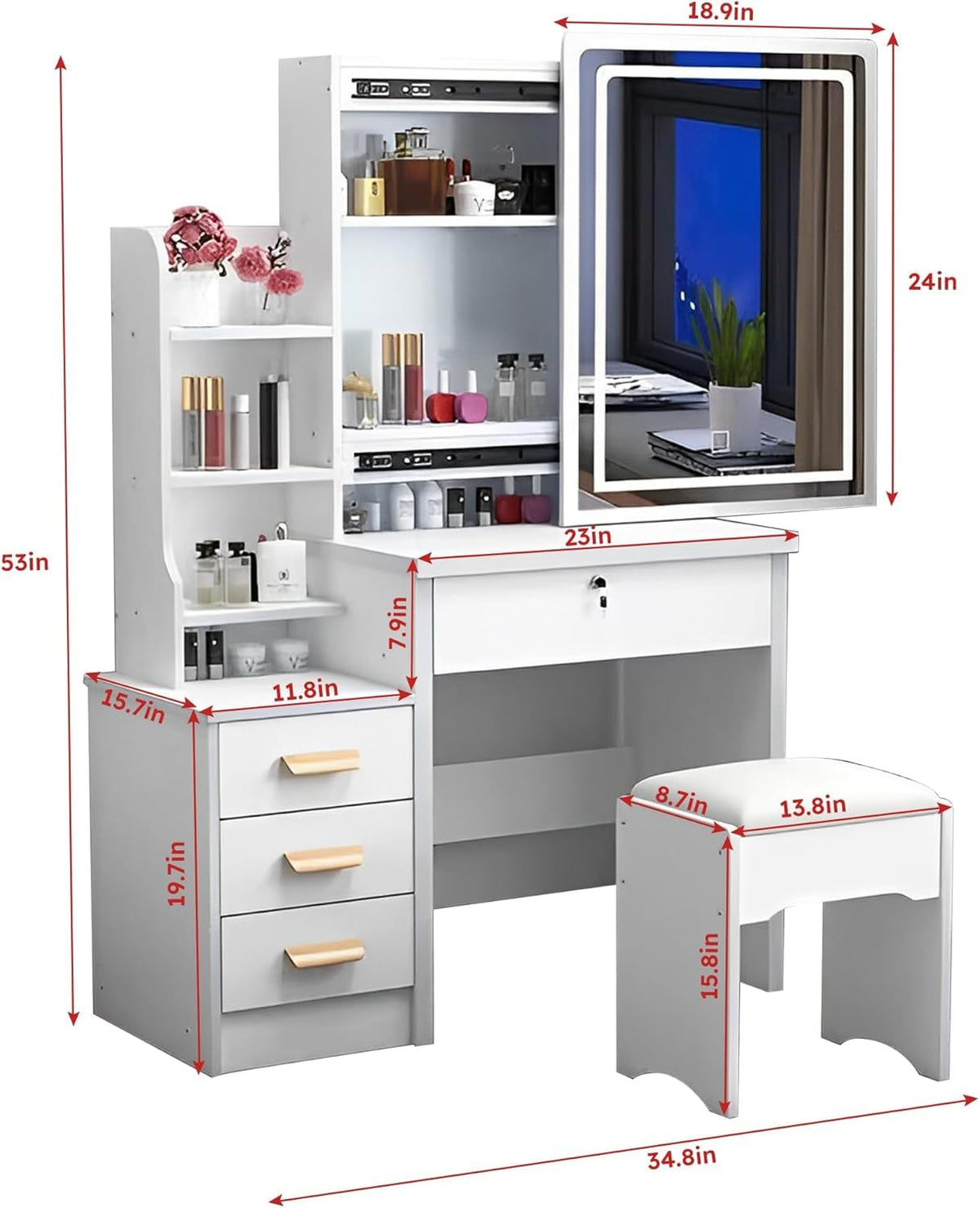 White 4 Drawer Vanity Desk Set with Mirror W223