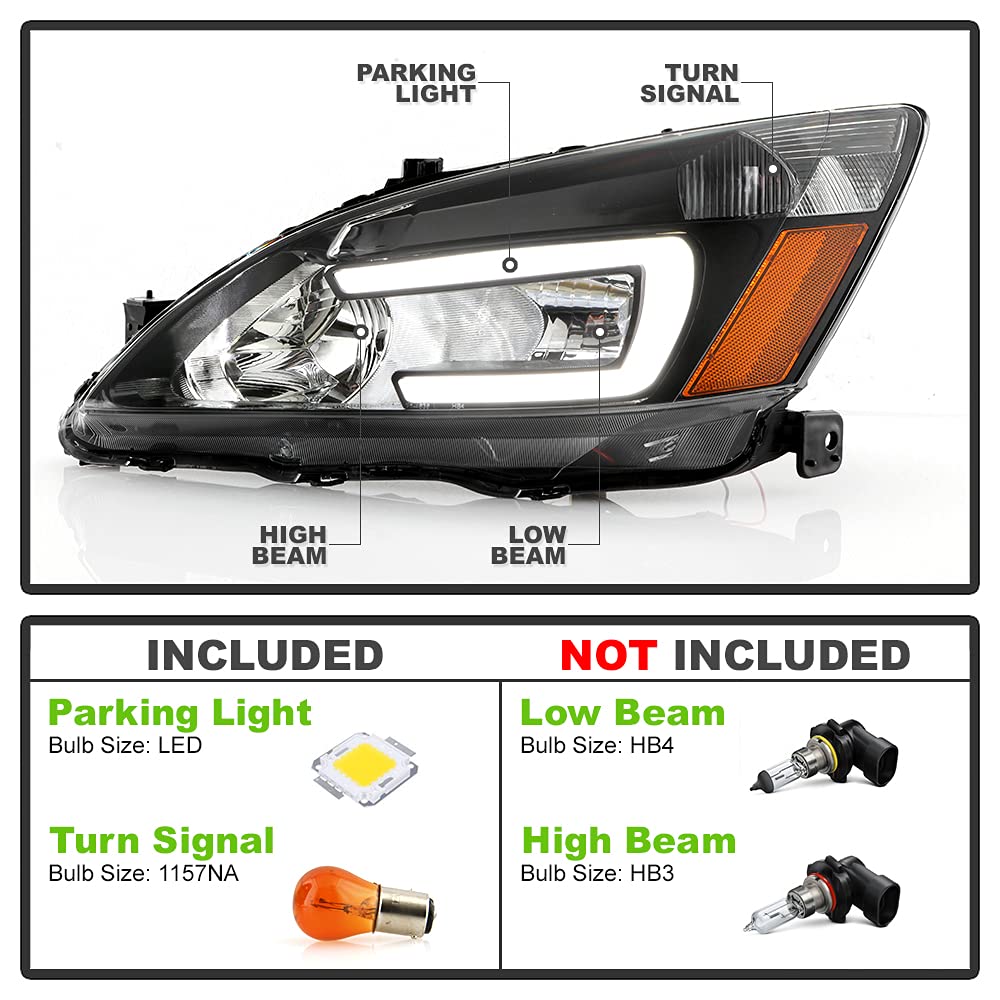 For 2003-2007 Honda Accord Black Housing LED Tube Headlights Assembly Pair Set Y9411