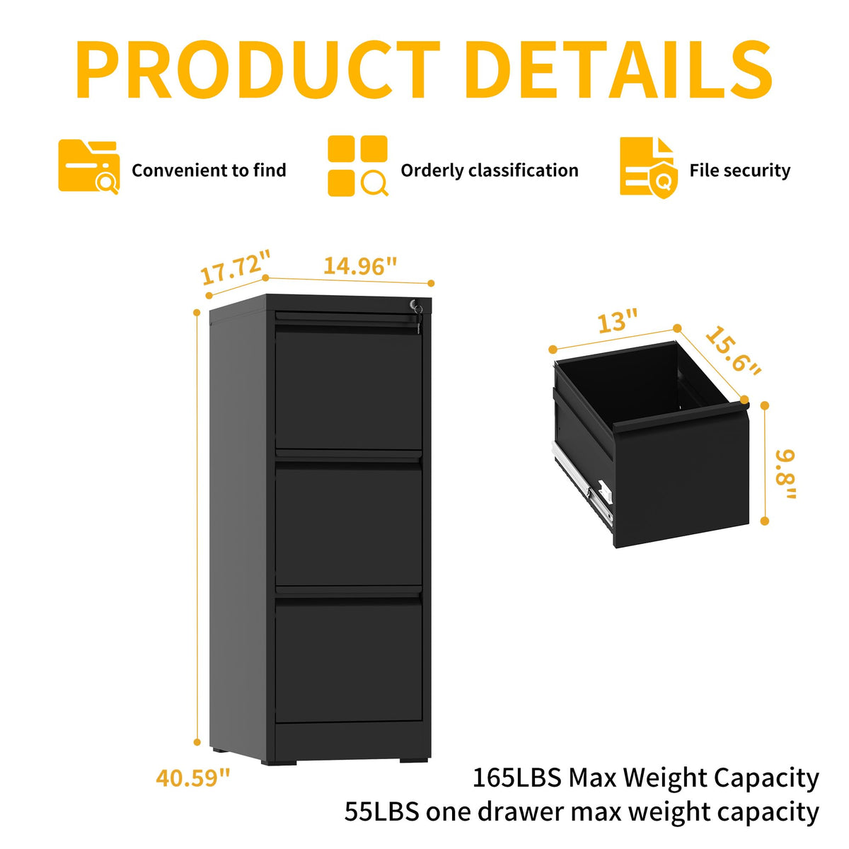 3 Drawer Black Metal File Cabinet with Lock L216758