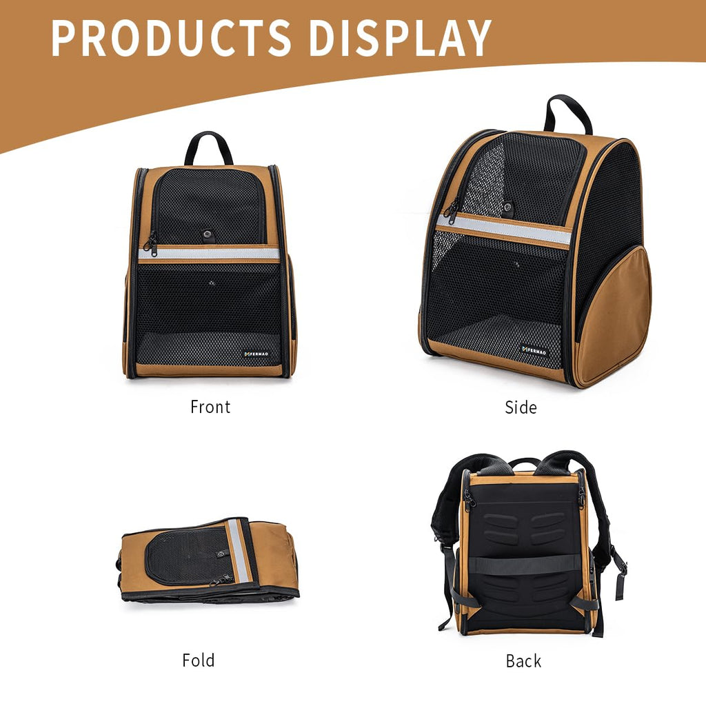Brown Collapsible Pet Carrier Backpack with Ventilated Mesh T274
