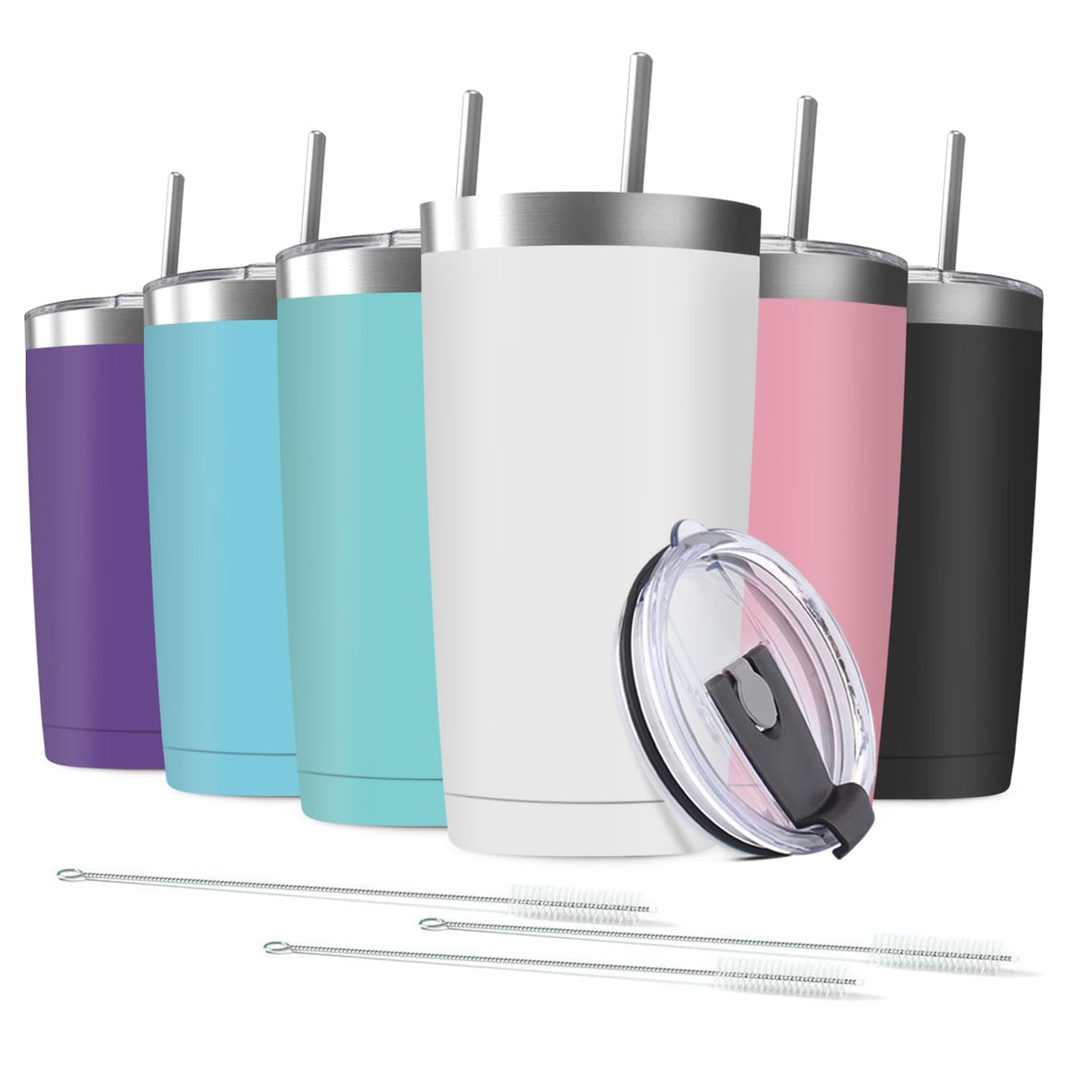 6 Pack 20 oz Stainless Steel Insulated Tumbler with Straw and Lid P40927