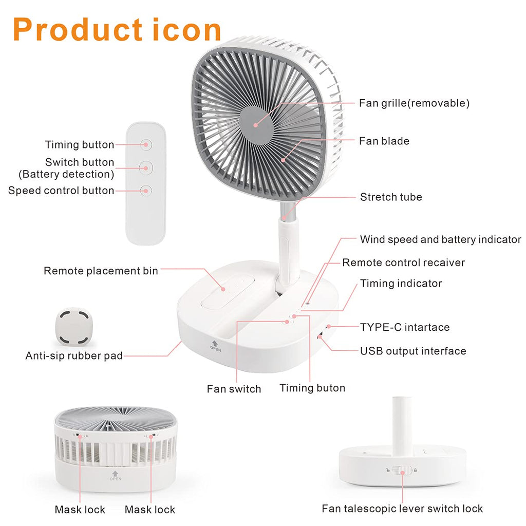 Portable Foldaway Standing Fan 7200Mah Rechargeable Battery Remote Control Telescopic 4 Speed Quiet Timer Gray F465