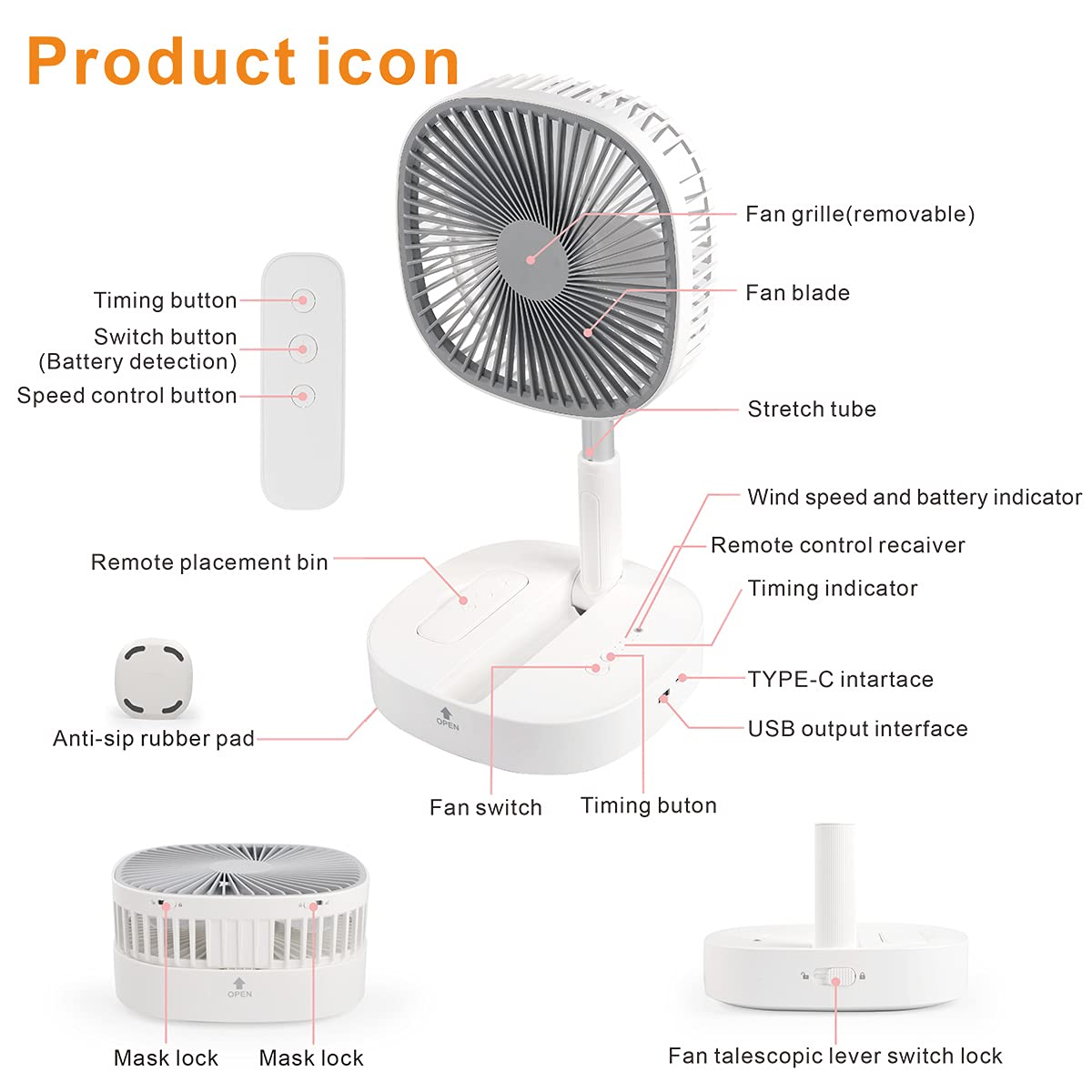 Portable Foldaway Standing Fan 7200Mah Rechargeable Battery Remote Control Telescopic 4 Speed Quiet Timer Gray F465