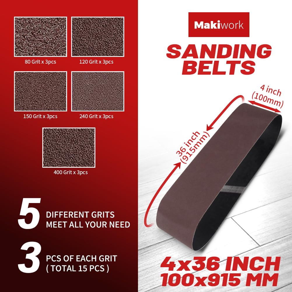 36 Inch Sanding Belts 15-Pack 80/120/150/240/400 Grits Aluminum Oxide H298