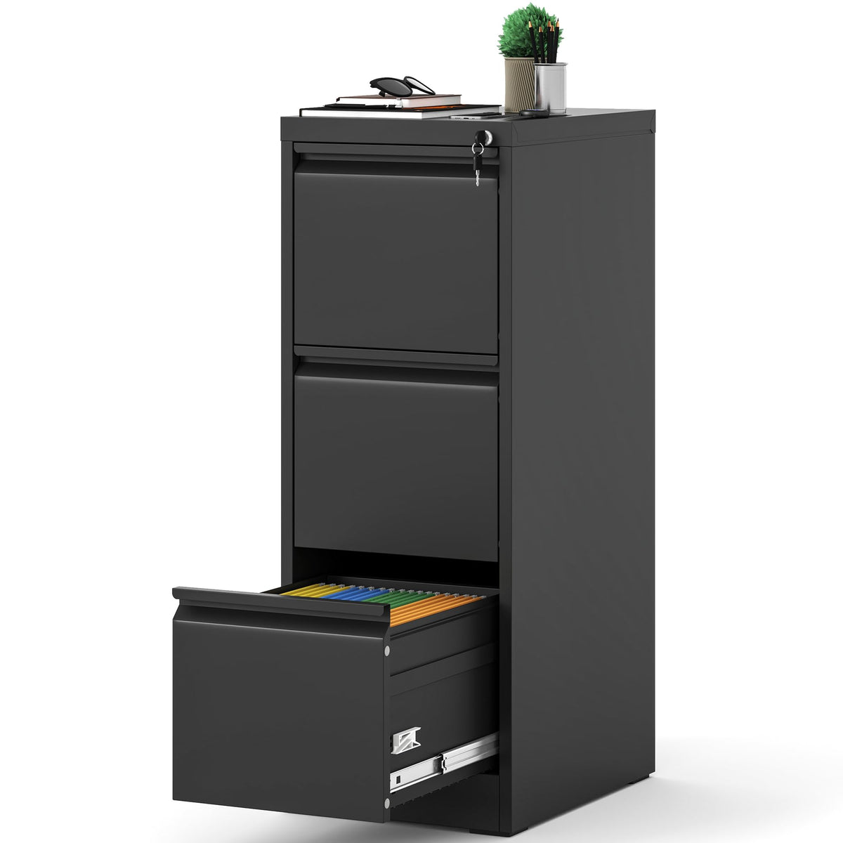 3 Drawer Black Metal File Cabinet with Lock L216758