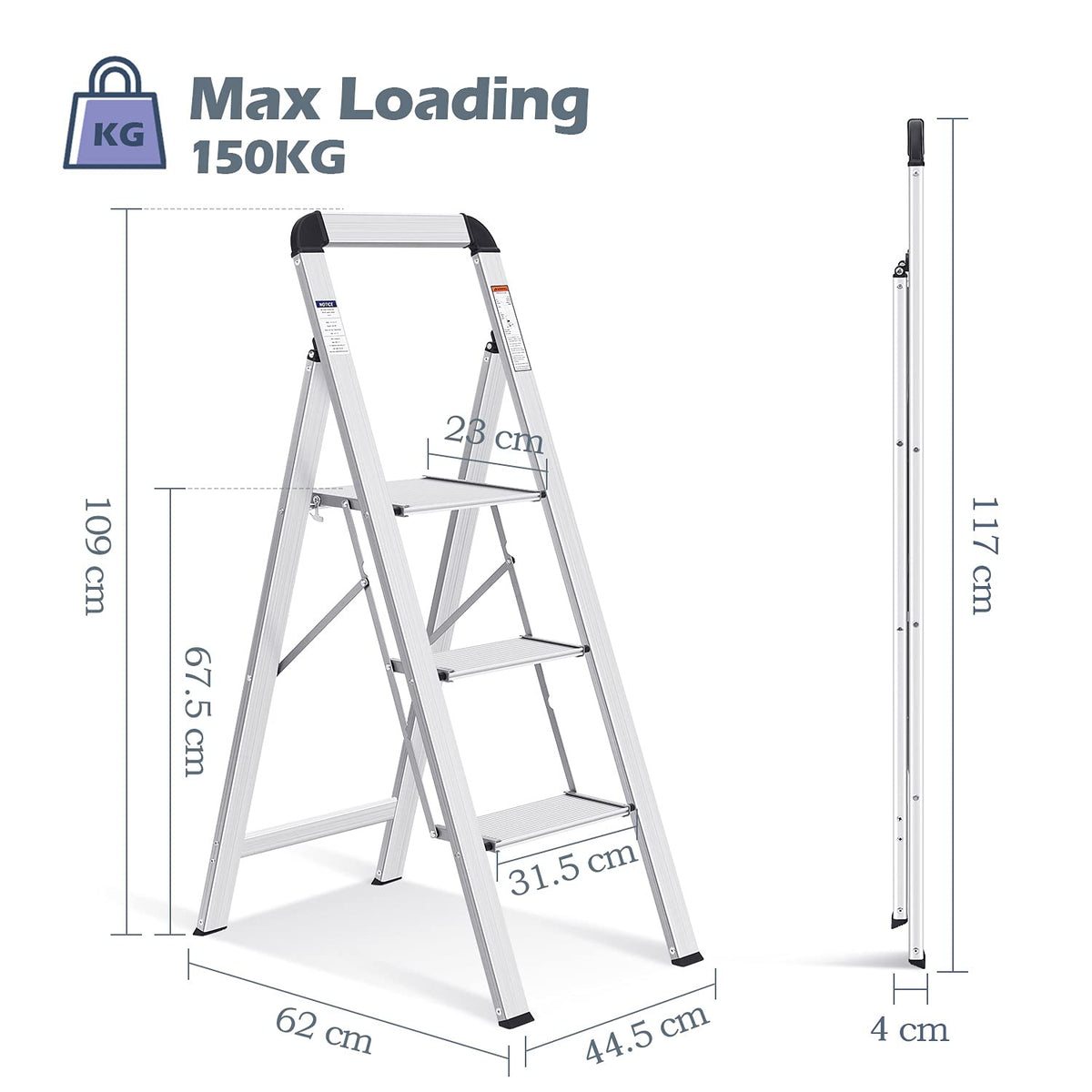 Aluminium 3 Step Ladder with Handrail X998598