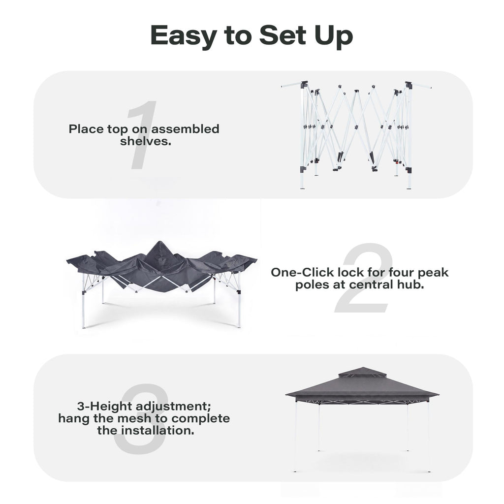 11x11 Pop Up Gazebo Canopy Tent with Mosquito Netting, Adjustable Height, Gray P214865