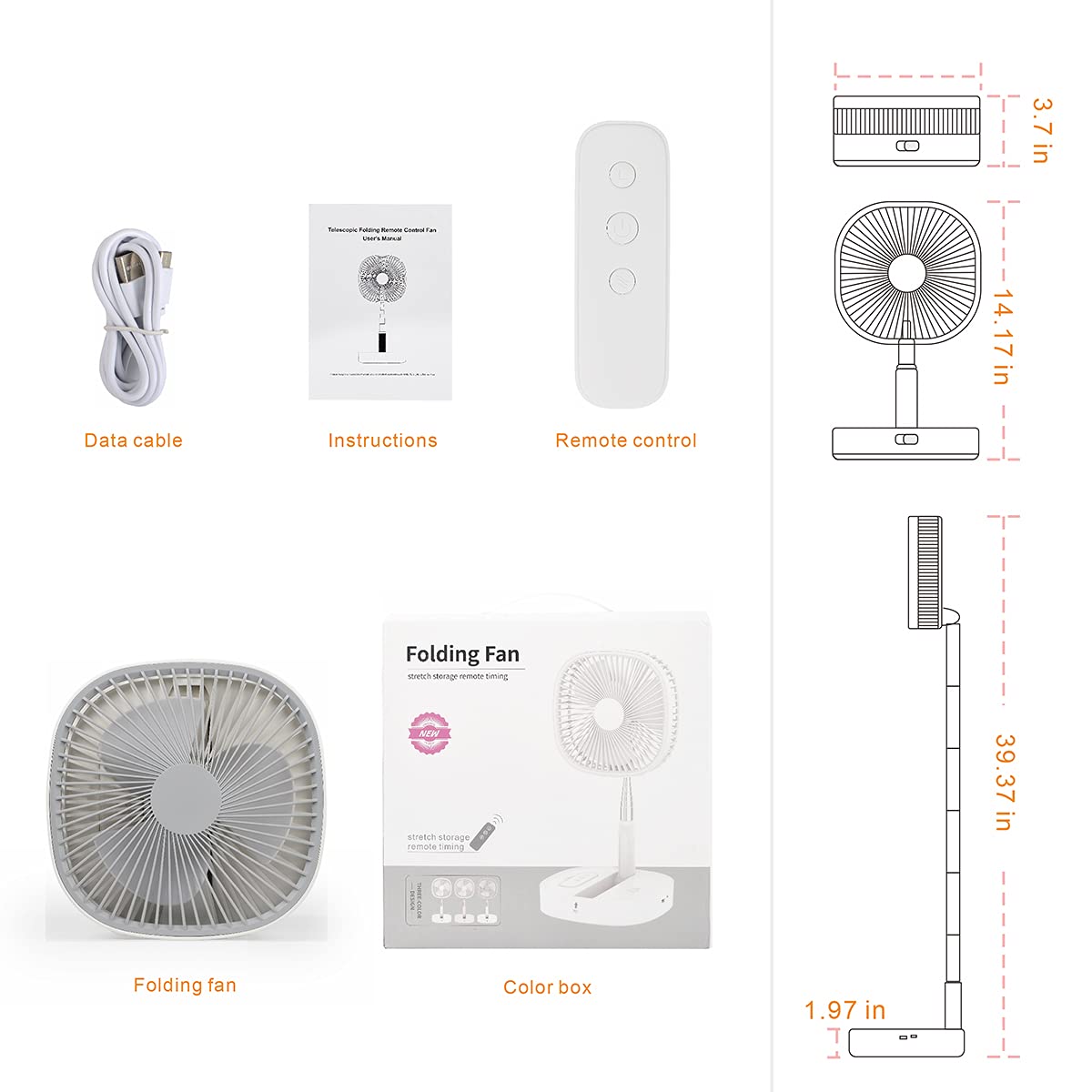 Portable Foldaway Standing Fan 7200Mah Rechargeable Battery Remote Control Telescopic 4 Speed Quiet Timer Gray F465