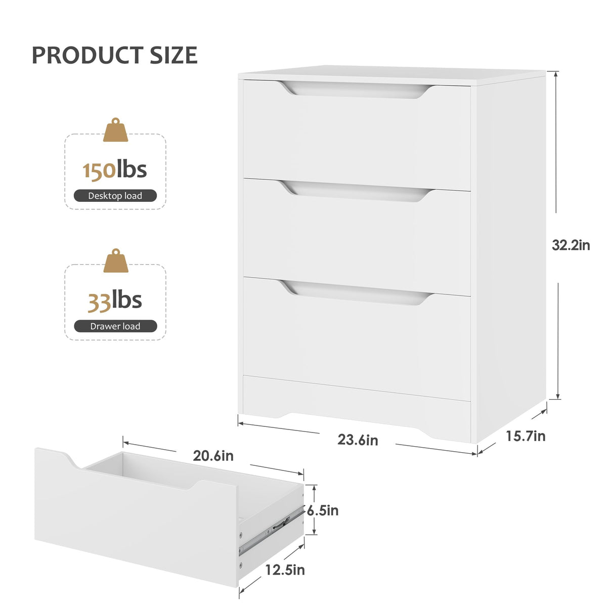 White 3 Drawer Wood Dresser R335