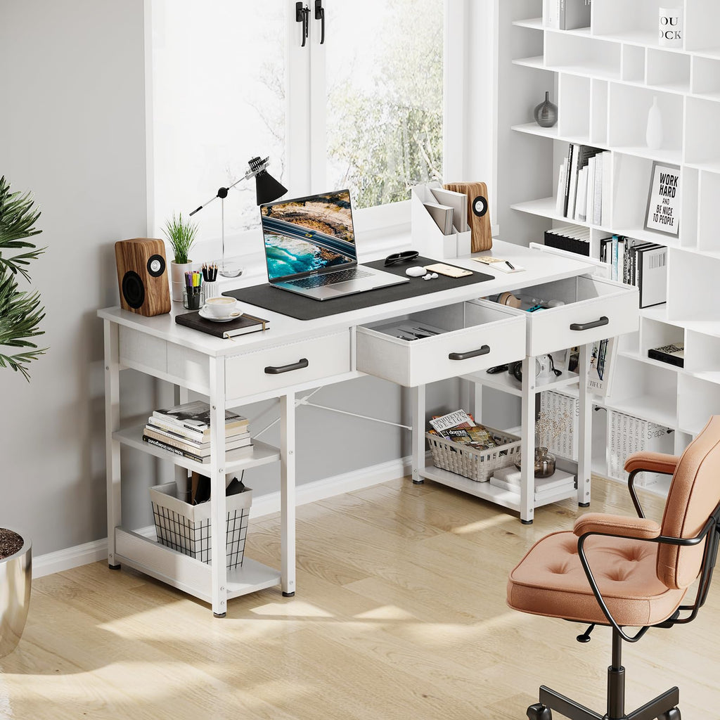 White 48" Computer Desk with Fabric Drawers and Storage Shelves M980158