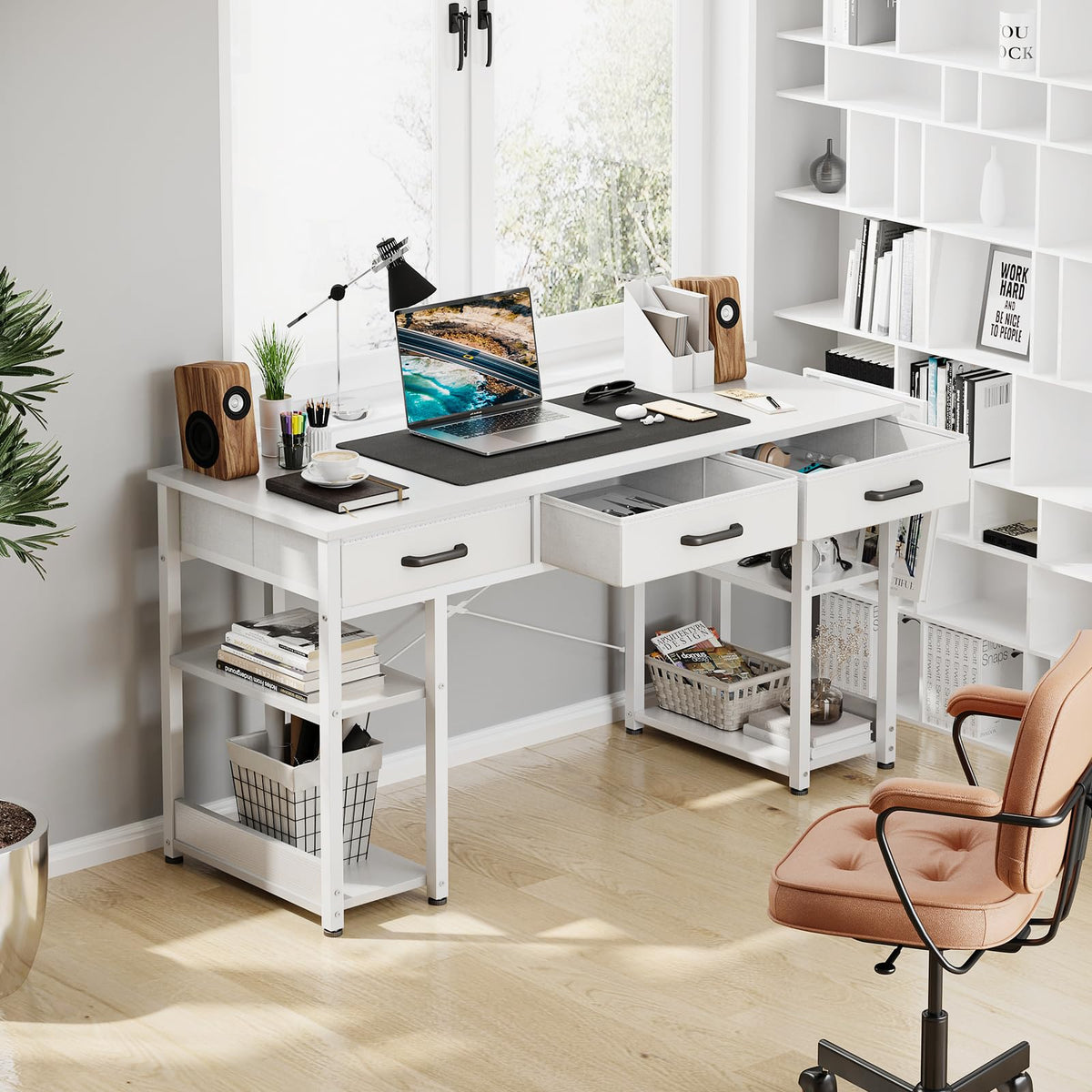 White 48" Computer Desk with Fabric Drawers and Storage Shelves M980158