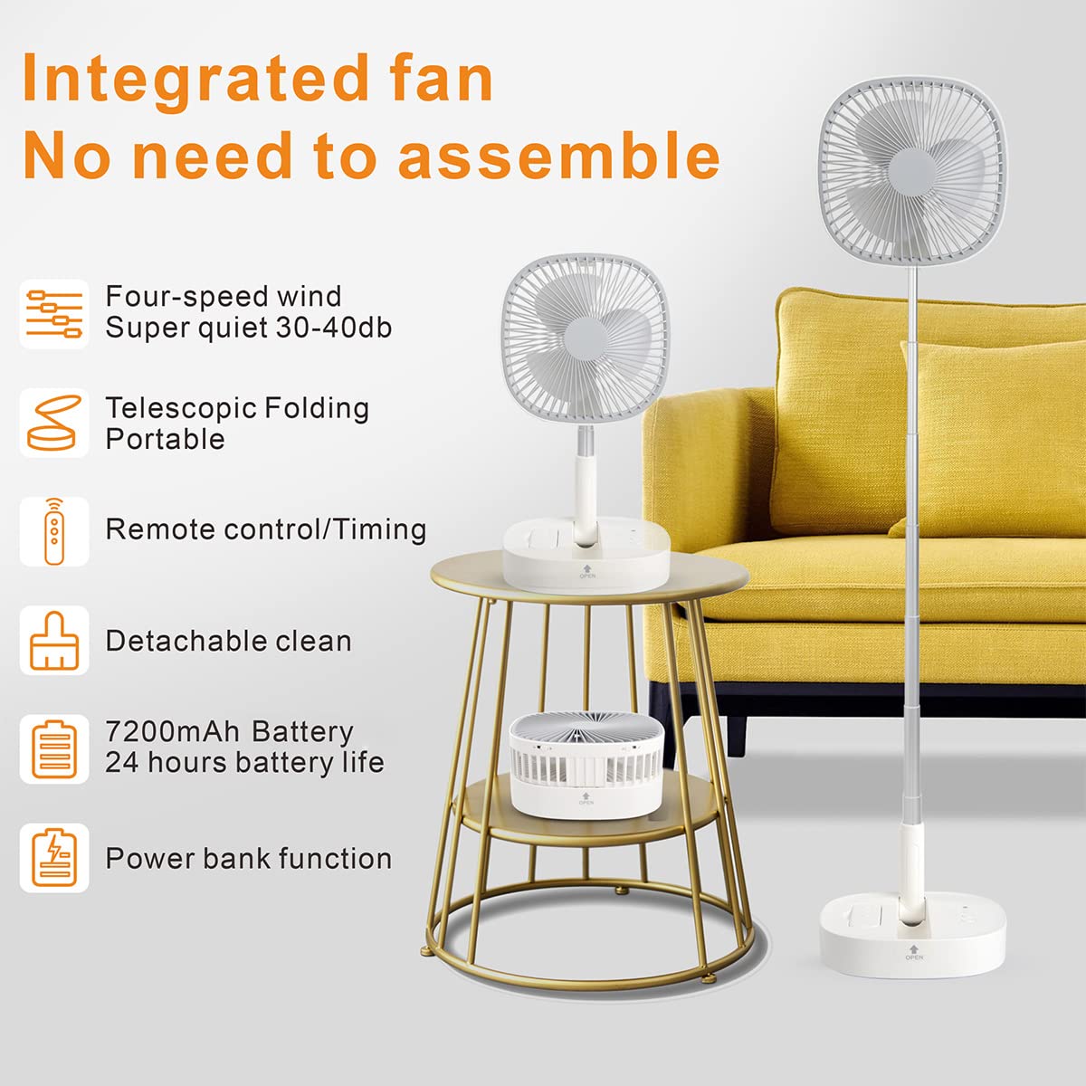 Portable Foldaway Standing Fan 7200Mah Rechargeable Battery Remote Control Telescopic 4 Speed Quiet Timer Gray F465