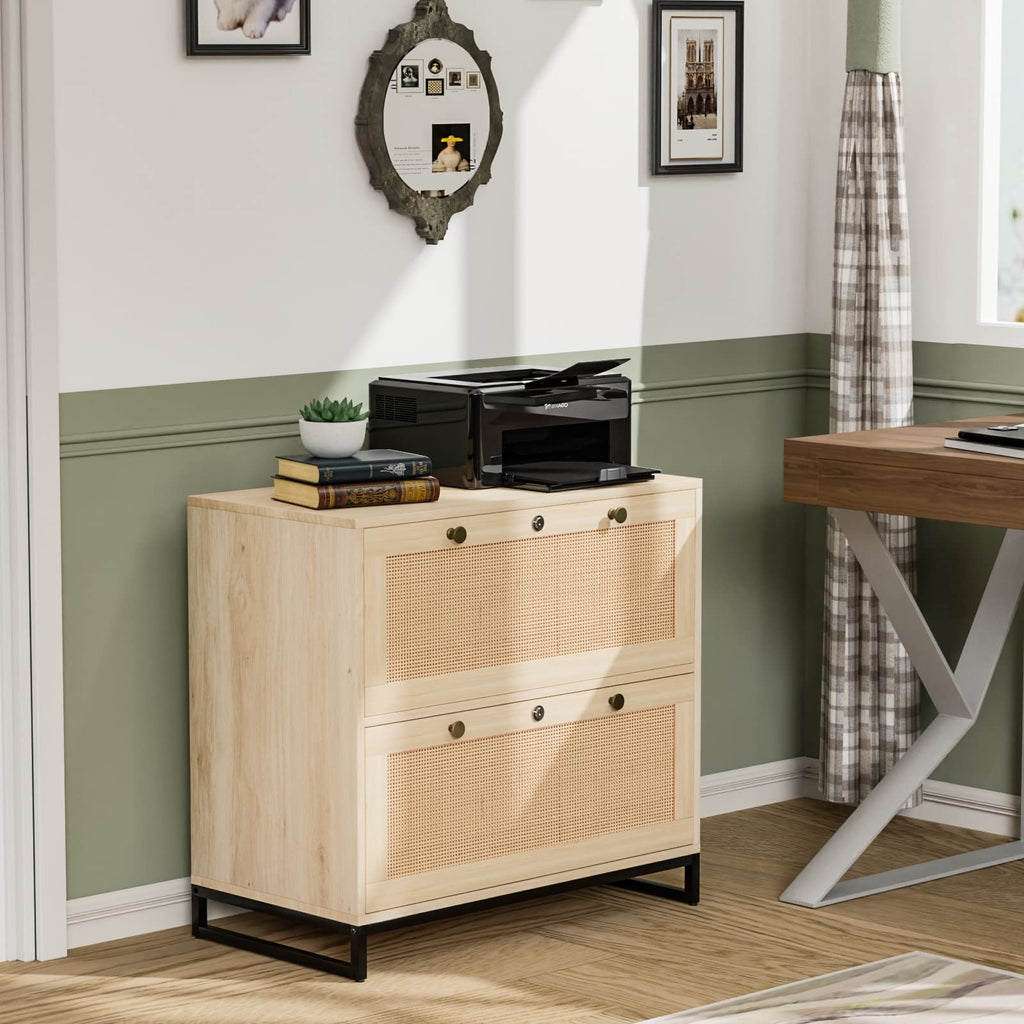 Oak Wood Rattan 2 Drawer Lateral File Cabinet with Lock Y94731