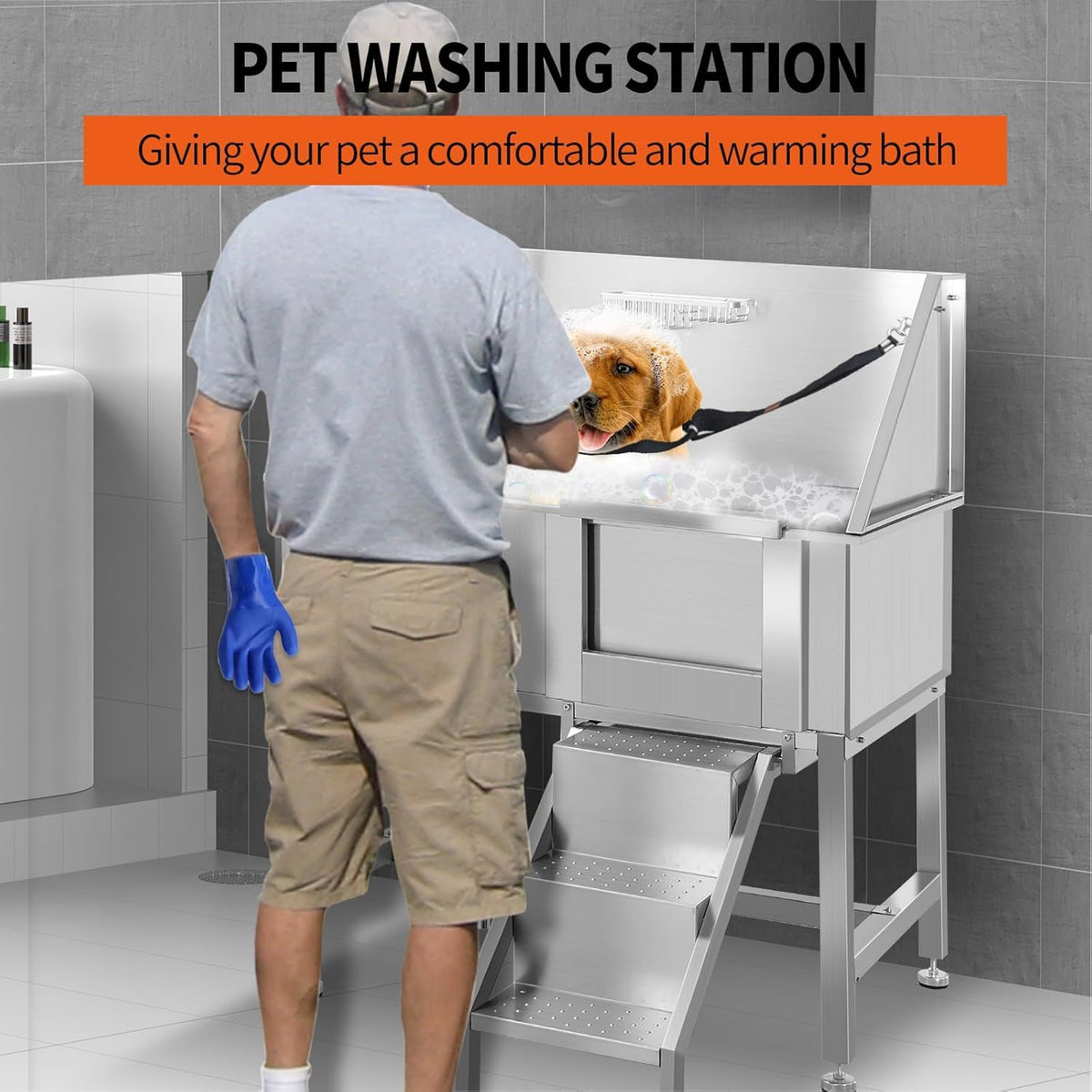 38" Stainless Steel Dog Grooming Tub with Stairs G656