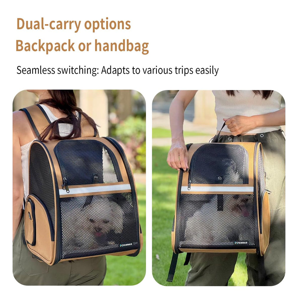 Brown Collapsible Pet Carrier Backpack with Ventilated Mesh T274
