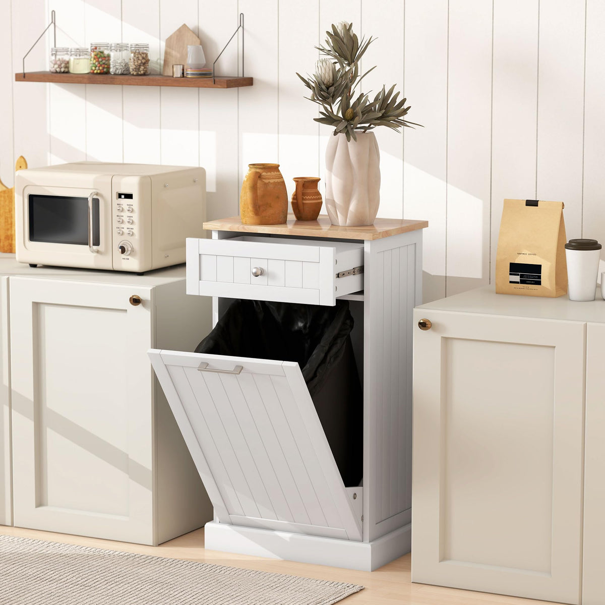 White Wooden 10 Gallon Tilt-Out Trash Cabinet with Drawer V582678