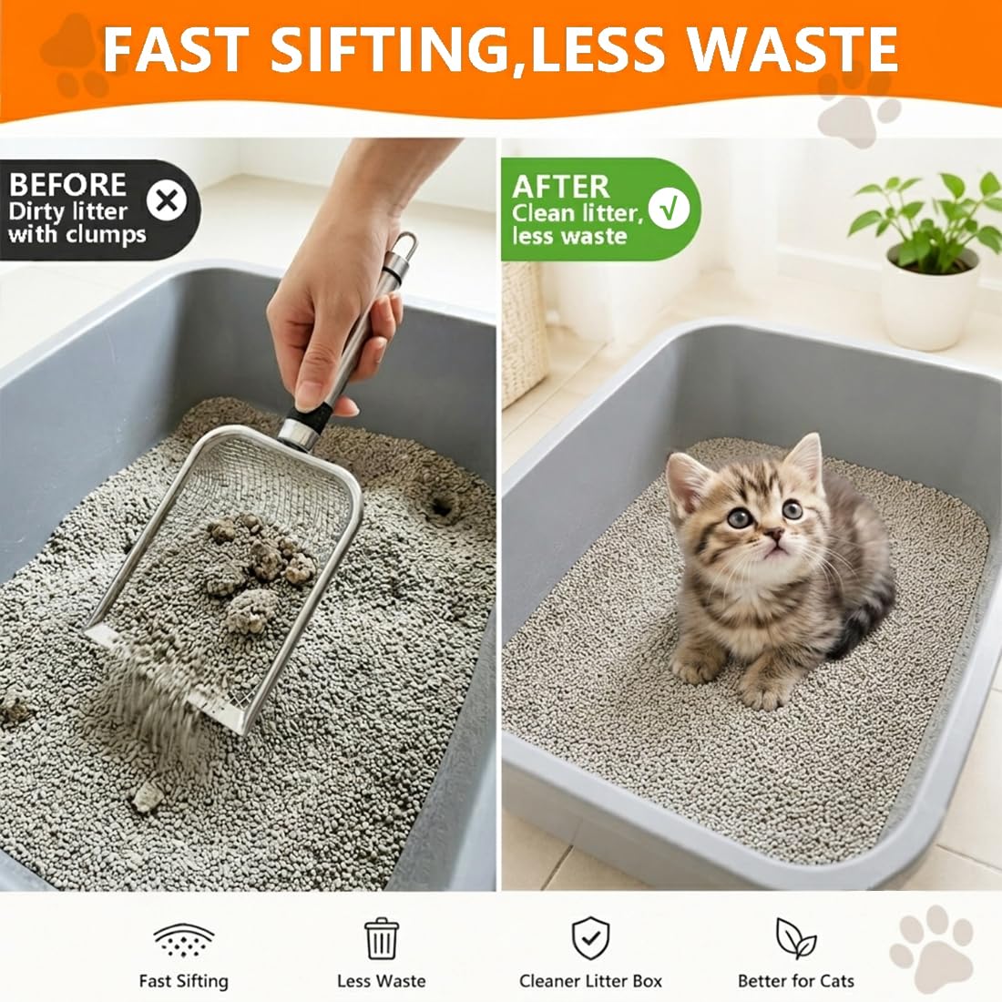 Cat Litter Scoop 2 Pack Stainless Steel Handle Mesh Sifter N658