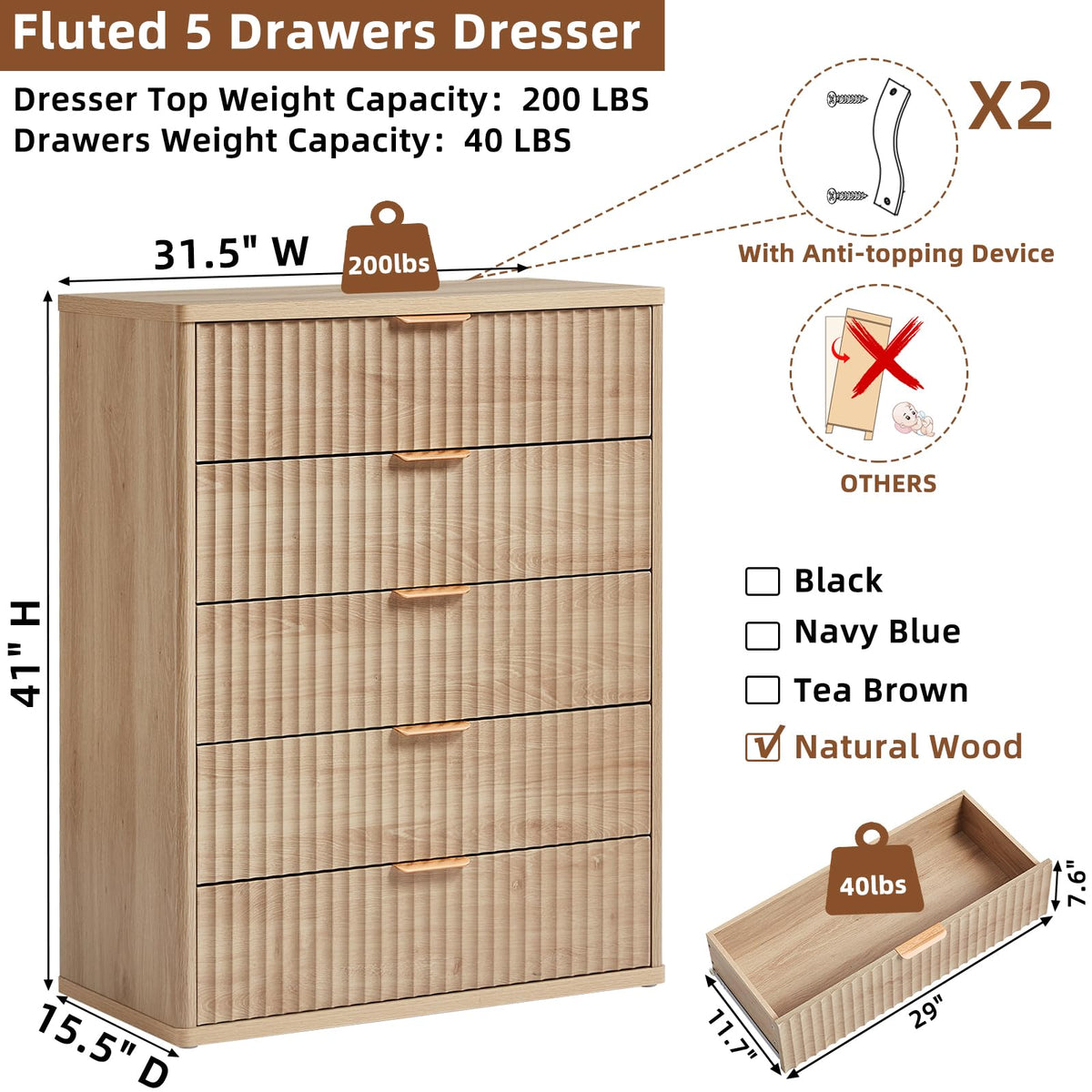 Fluted 5 Drawers Natural Wood Dresser B92145