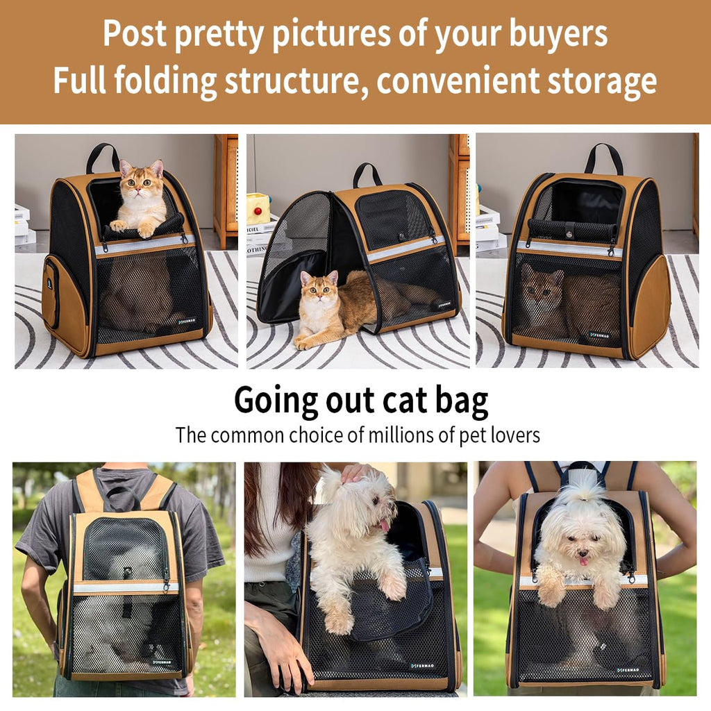 Brown Collapsible Pet Carrier Backpack with Ventilated Mesh T274