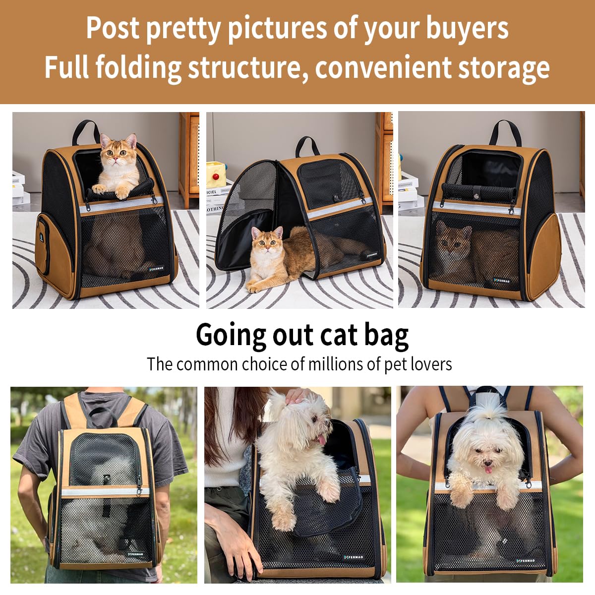 Brown Collapsible Pet Carrier Backpack with Ventilated Mesh T274