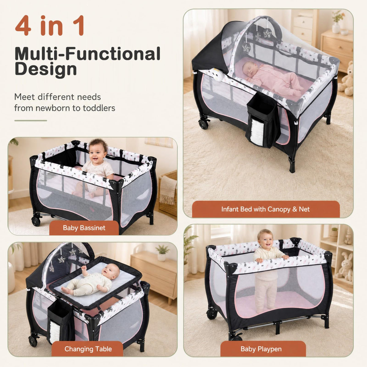 4 in 1 Portable Baby Playard with Bassinet and Changing Table F255