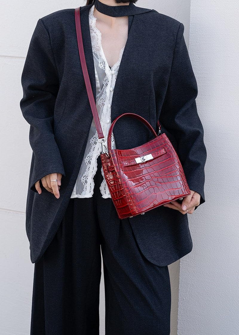 Crocodile Embossed Leather Bucket Bag C859349