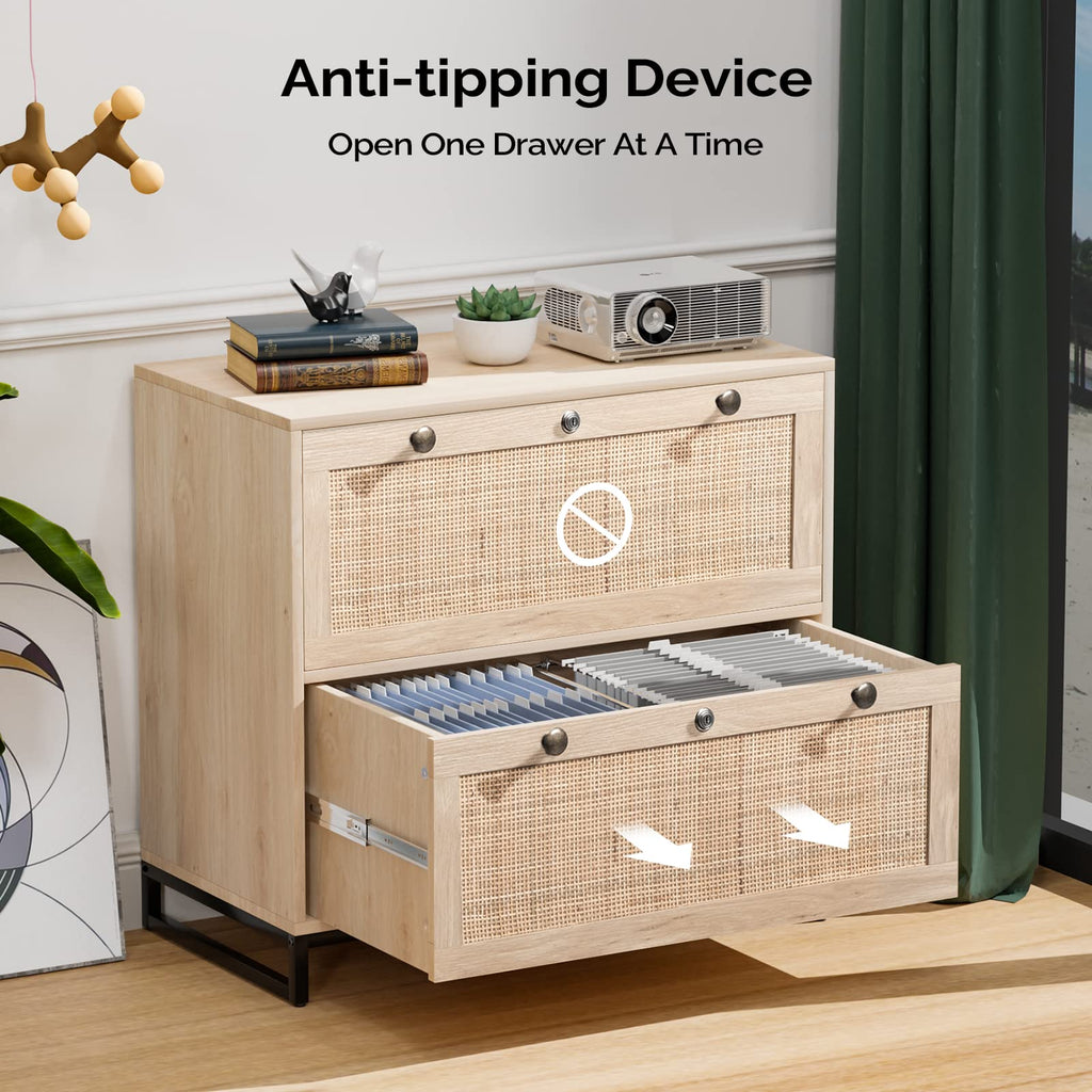 Oak Wood Rattan 2 Drawer Lateral File Cabinet with Lock Y94731