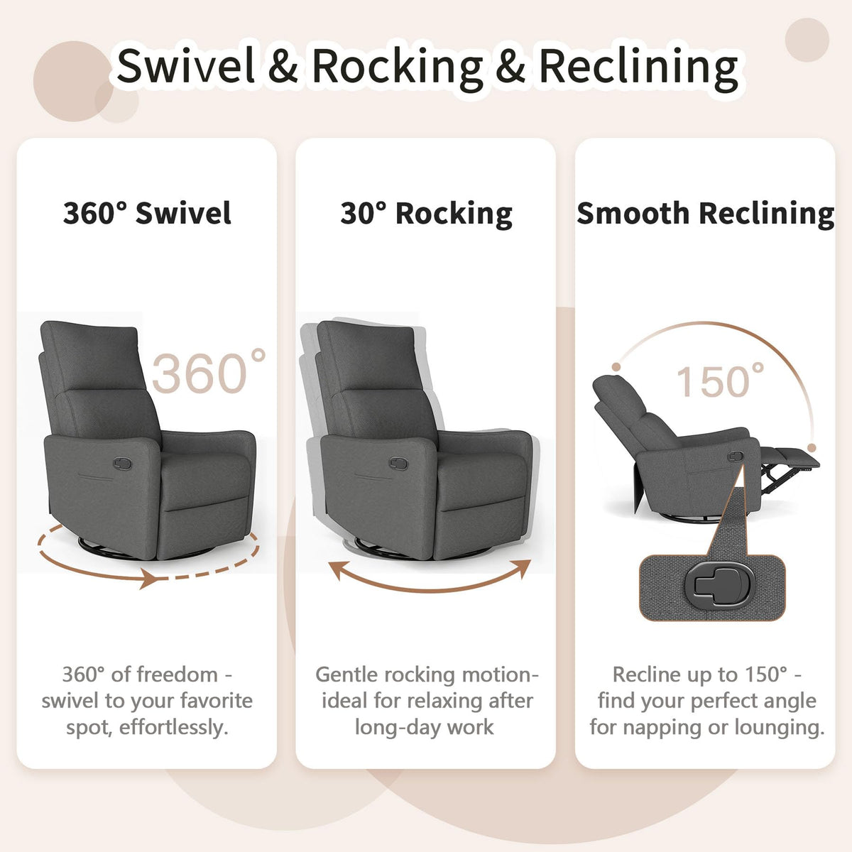 Gray Swivel Rocker Recliner Chair O467