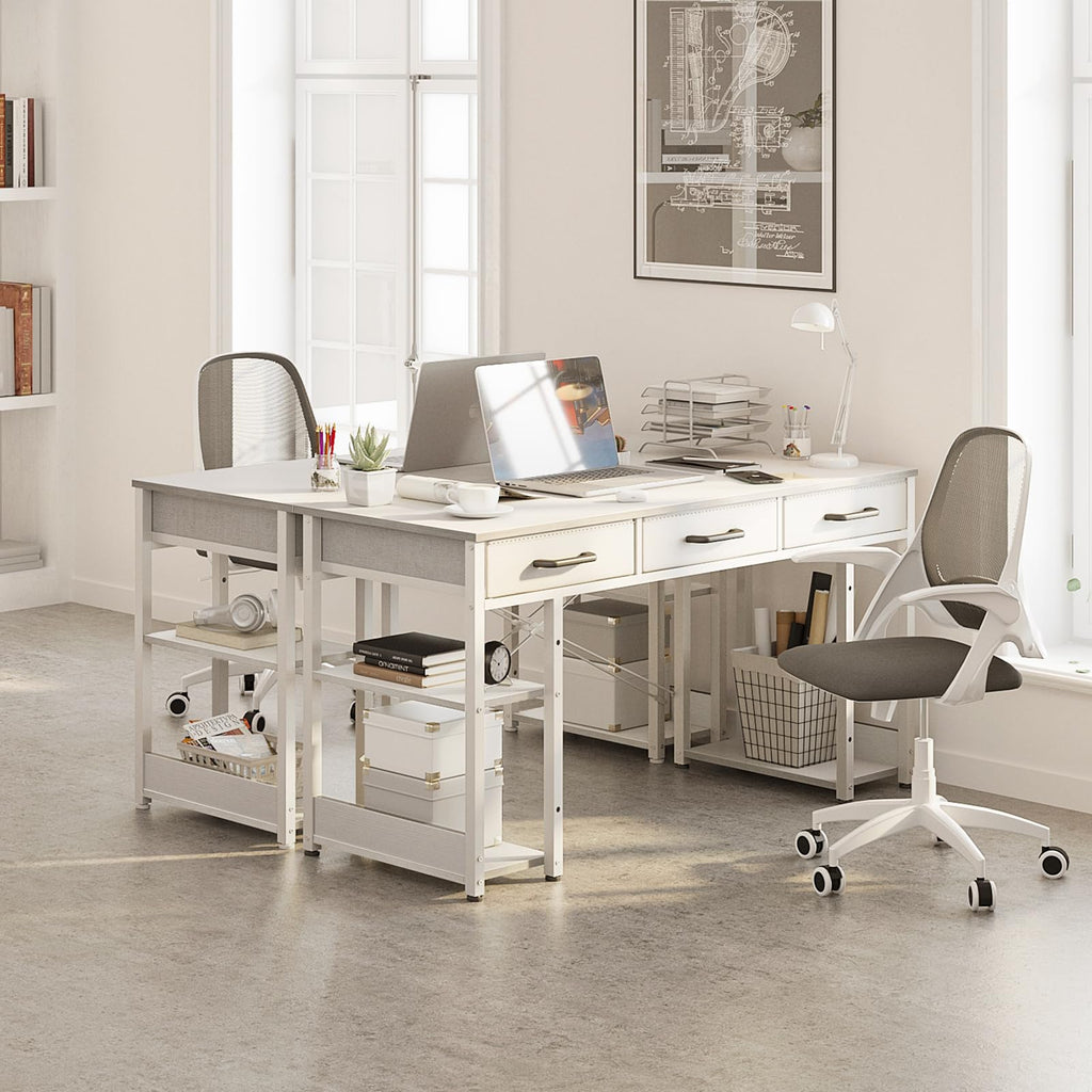 White 48" Computer Desk with Fabric Drawers and Storage Shelves M980158