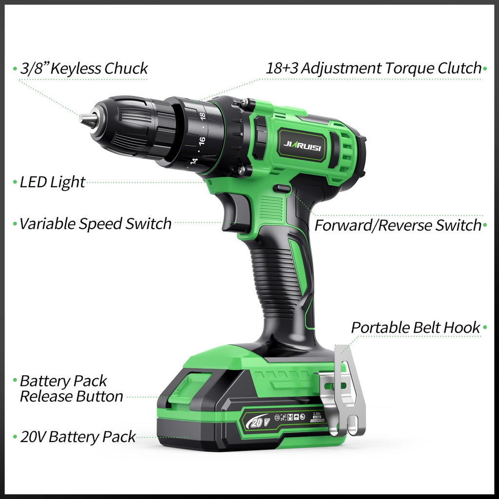 20V Cordless Drill Set with Battery Charger and Carrying Case, Green E176