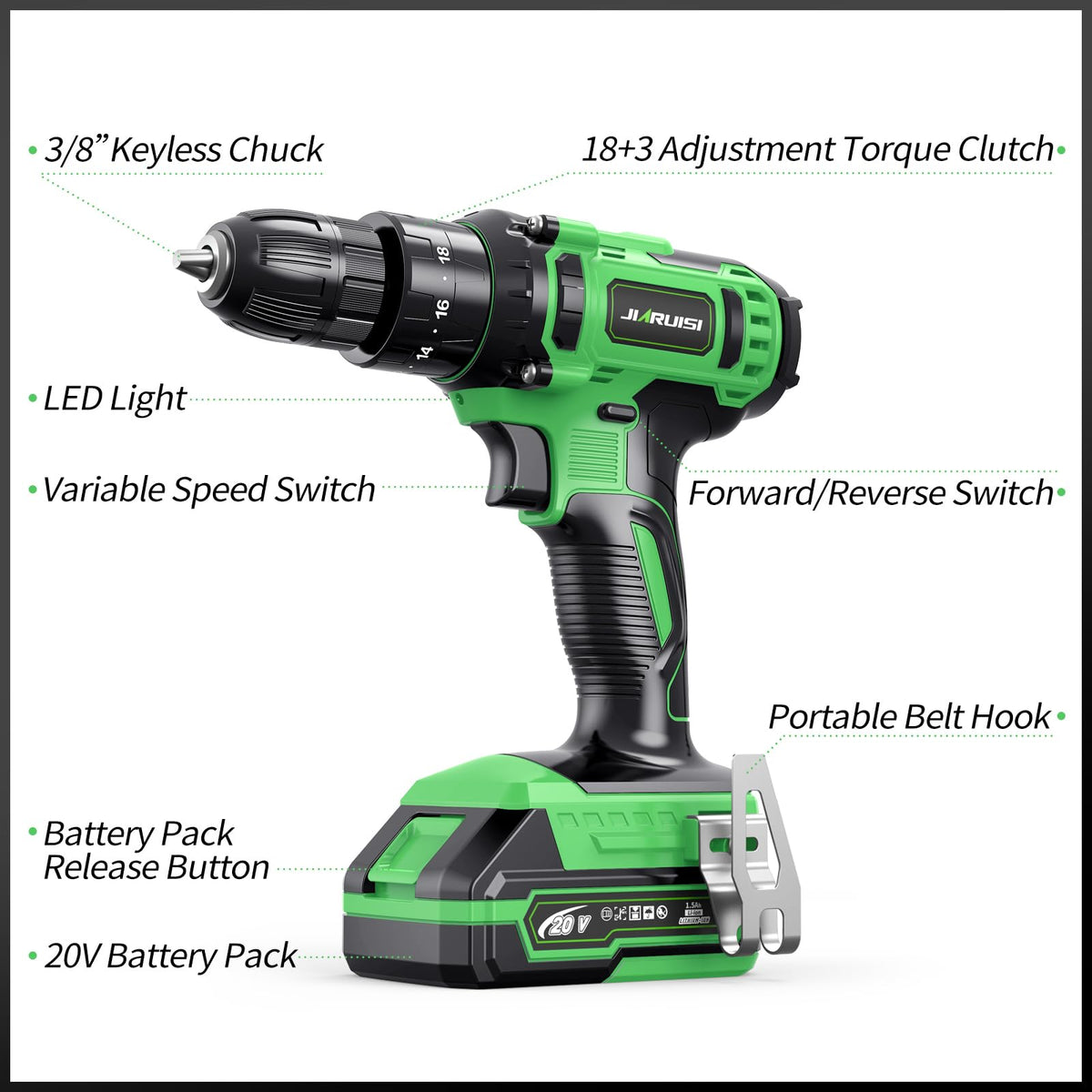 20V Cordless Drill Set with Battery Charger and Carrying Case, Green E176