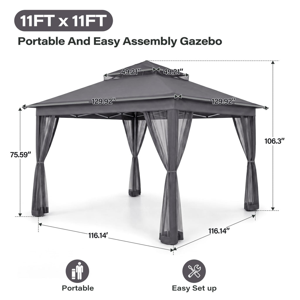 11x11 Pop Up Gazebo Canopy Tent with Mosquito Netting, Adjustable Height, Gray P214865