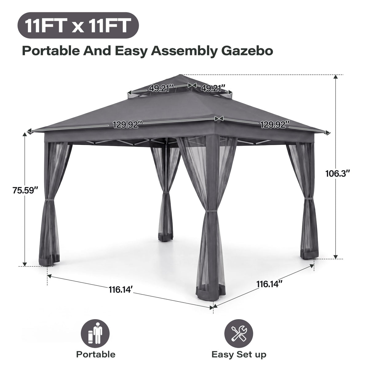 11x11 Pop Up Gazebo Canopy Tent with Mosquito Netting, Adjustable Height, Gray P214865