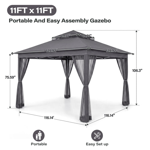 11x11 Pop Up Gazebo Canopy Tent with Mosquito Netting, Adjustable Height, Gray P214865
