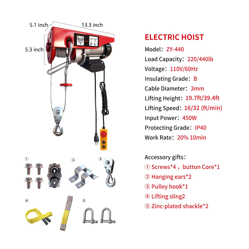 440 lbs 110V Electric Hoist with 14ft Wired Remote Control I992311
