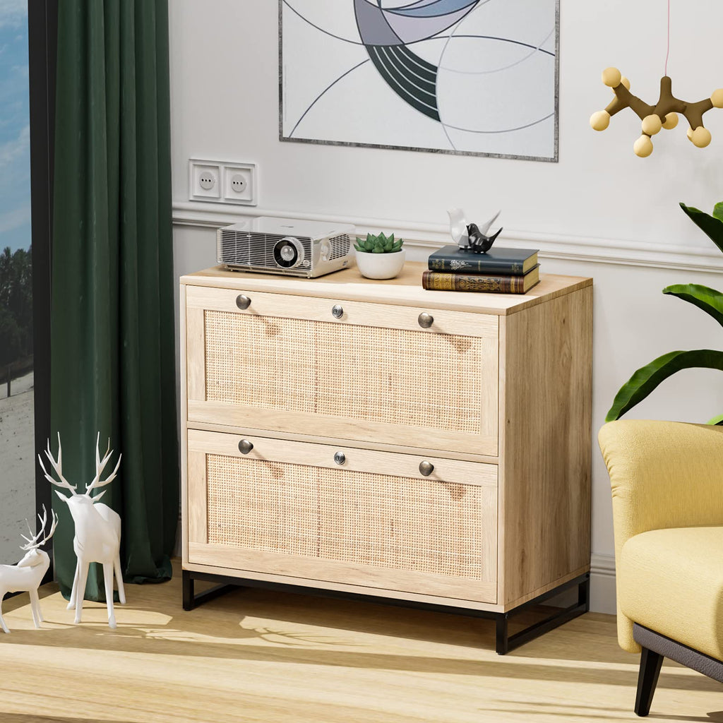 Oak Wood Rattan 2 Drawer Lateral File Cabinet with Lock Y94731