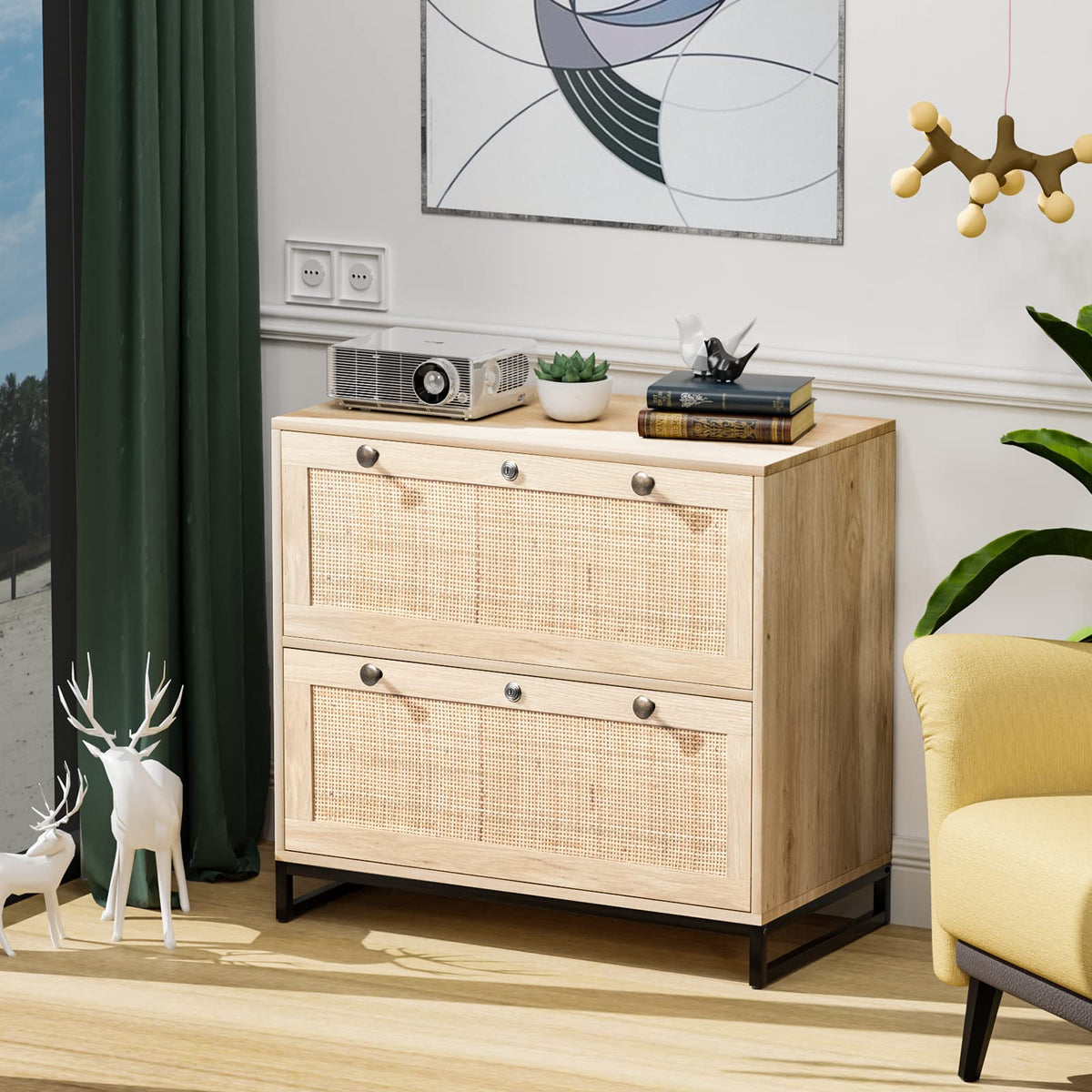 Oak Wood Rattan 2 Drawer Lateral File Cabinet with Lock Y94731
