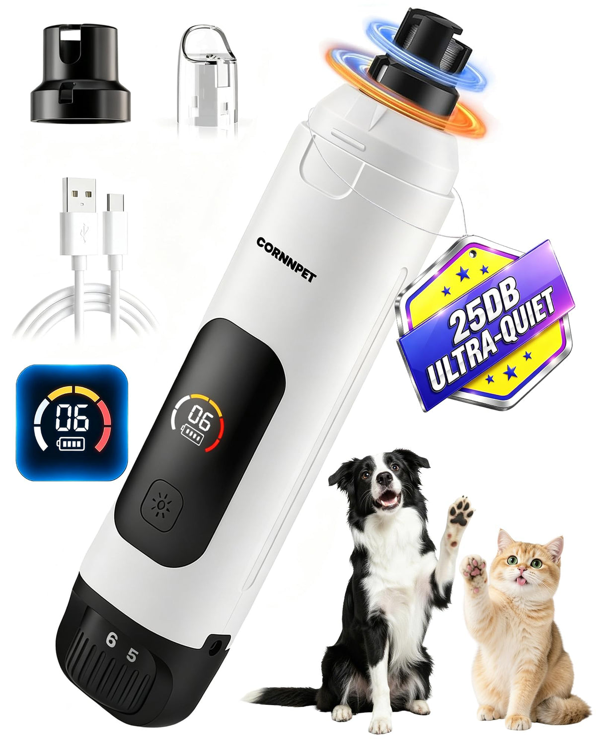 Dog Nail Grinder with LCD Display, 25dB Quiet 6-Speed Trimmer C41669