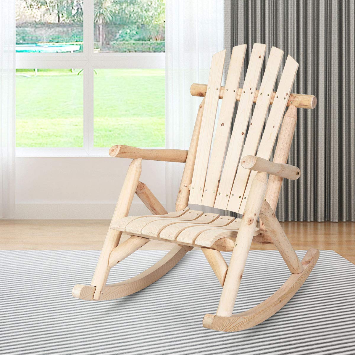 Log Wooden Rocking Chair with Slatted Seat and Backrest K4236