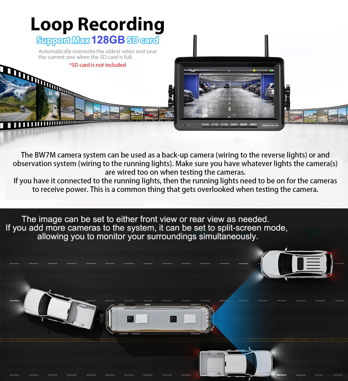 1080P 7" Wireless RV Backup Camera System with DVR Monitor N5538