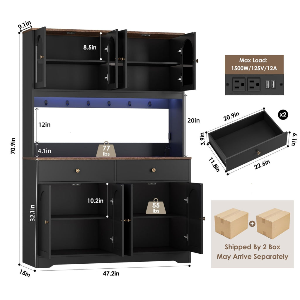 71" Black Kitchen Pantry Cabinet with Power Outlet B522