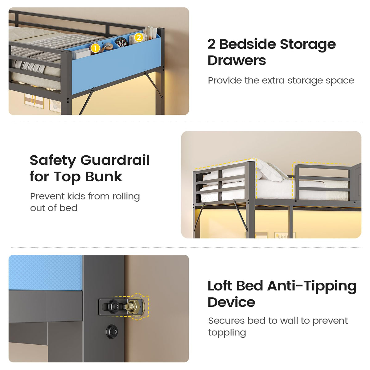 Twin Over Twin Metal Bunk Bed with 6 Storage Drawers T43220