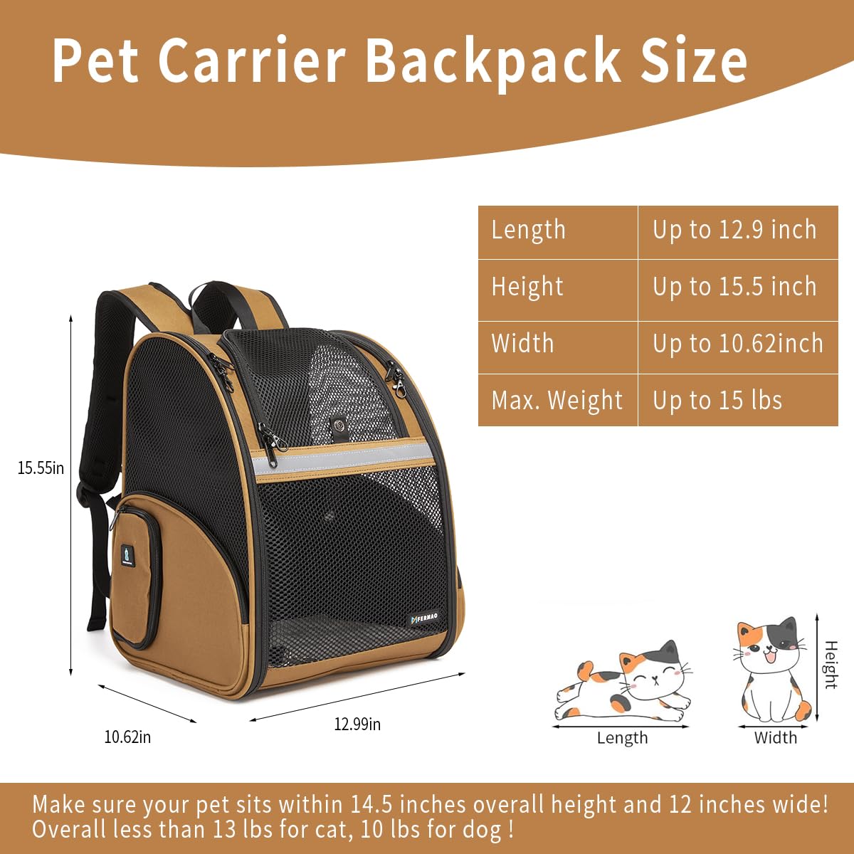 Brown Collapsible Pet Carrier Backpack with Ventilated Mesh T274